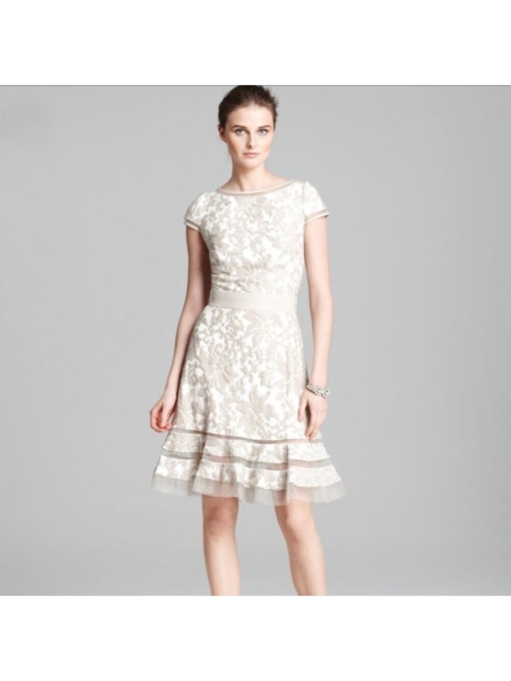 Tadashi Shoji Taupe Ivory Lace Overlay Fit & Flare Cocktail Dress Size 14